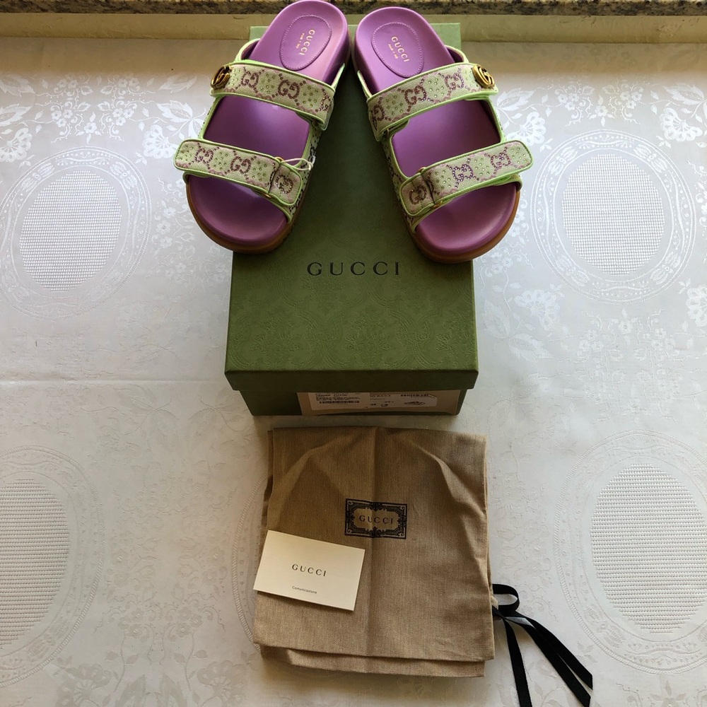 Gucci Crystal Canvas Purple/Lime GG Slides Sandals Women’s Size 39+ US-9 Shoes - Picture 5 of 14